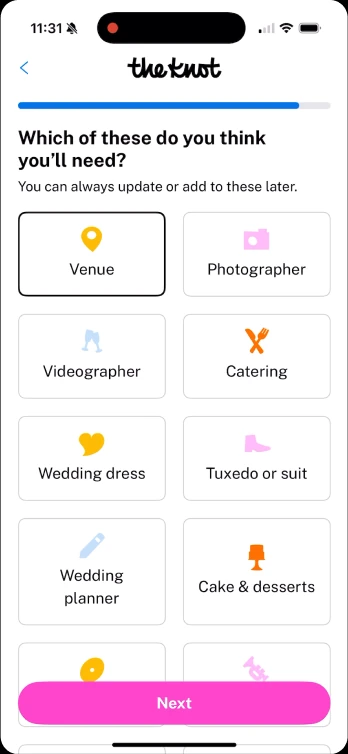 A grid of vendor category icons to select, such as venue, photographer, videographer, and catering.
